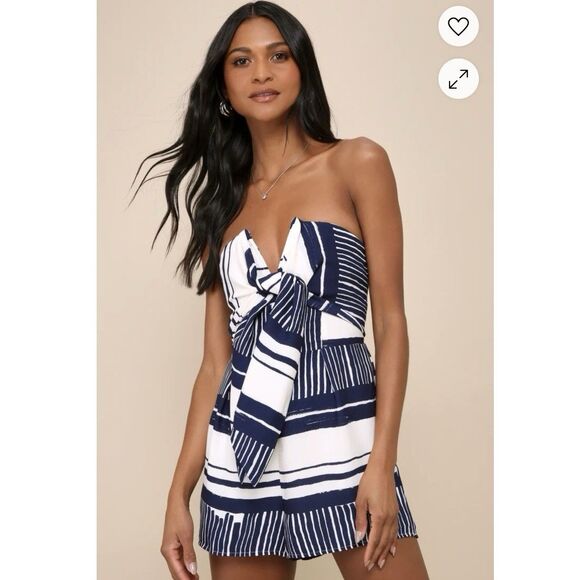 Lulus Delphi Blue White Striped Tie-Front Strapless Romper Medium ResortWear - Picture 3 of 6